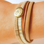 Leren manchetarmband met meerdere schakels en goudkleurige sunray lus