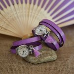 Leren armband horloge Lila 2 of 3 rondes met pompon