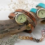 Horloge brons lederen armband 2 slagen verstelbare sluiting