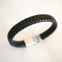 Herenband van gevlochten zwart leer met magnetische stalen gesp en schuifsluiting