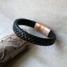 Zwarte lederen armband met magnetische Rose Gold stalen sluiting