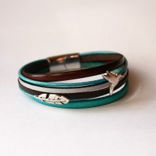 Turquoise en bruine manchet armband met 2 verzilverde lussen