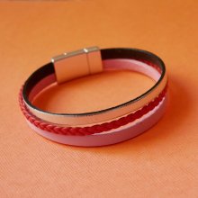 Koraal rood en zilver leer en roze multi-leer manchet armband