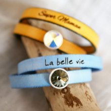 Lederen armband vrouw dubbele bochten te personaliseren versierd met een Swarovski kristal cabochon 
