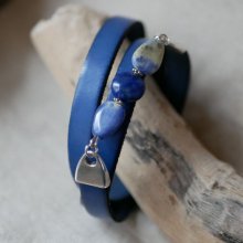 Leder en parels armband voor vrouwen Lapis Lazuli blauw te personaliseren 